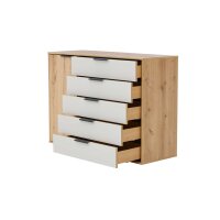 Interliving Schlafzimmer Serie 1034 – Kombikommode champagnerfarbenes Glas & Bianco Eiche – eine Tür, fünf Schubladen, Breite ca. 120 cm