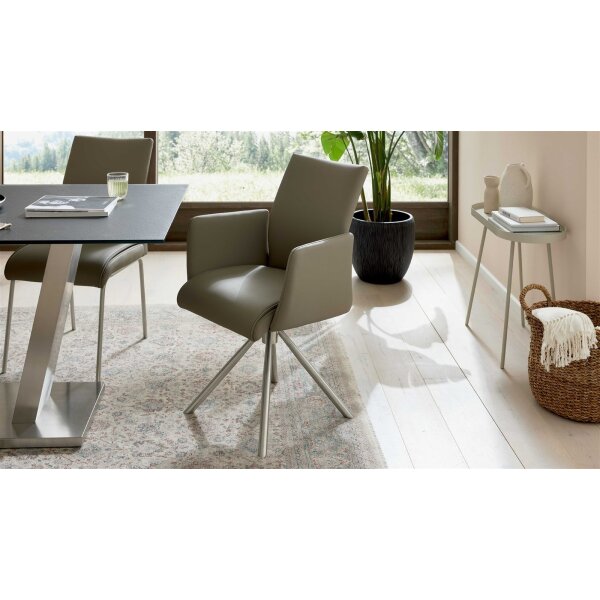 Interliving Esszimmer Serie 5122 – Armlehnstuhl mit Funktionen fangofarbenes Kunstleder LEA-TEX & gebürsteter Edelstahl
