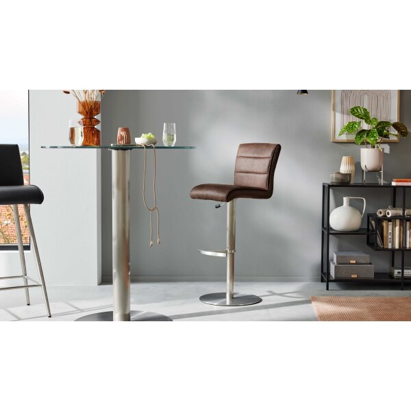 Interliving Esszimmer Serie 5122 – Tresenstuhl mit Liftfunktion rostbraune Mikrofaser & gebürsteter Edelstahl