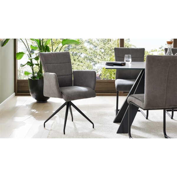 Interliving Esszimmer Serie 5122 – Armlehnstuhl onyxfarbene Mikrofaser & mattschwarzes Metall