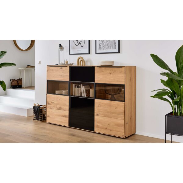 Interliving Wohnzimmer Serie 2033 - Highboard Asteiche & Parsolglas - drei Türen, Breite ca. 182 cm