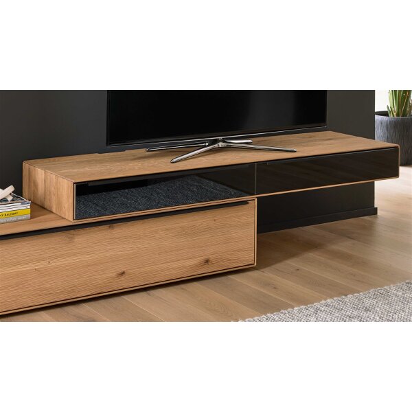 Interliving Wohnzimmer Serie 2033 - Lowboard dunkelgraues Glas & Asteiche - zwei Schubladen, Länge ca. 182 cm