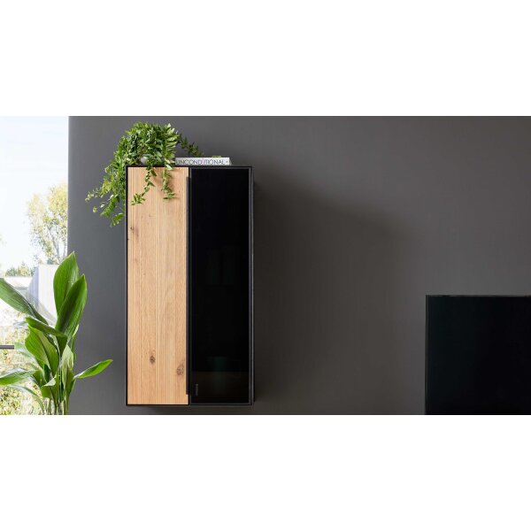 Interliving Wohnzimmer Serie 2033 - Hängeschrank dunkelgraues Glas & Asteiche - zwei Türen, Breite ca. 92 cm