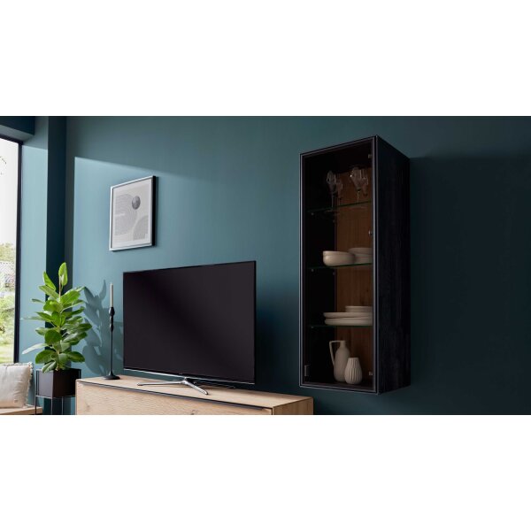 Interliving Wohnzimmer Serie 2033 - Hängevitrine dunkelgraues Glas & schwarze Asteiche - eine Tür, Breite ca. 42 cm