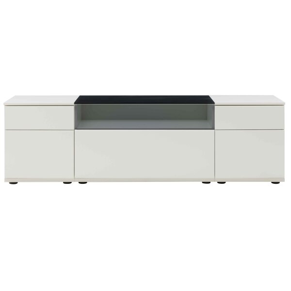 Interliving Wohnzimmer Serie 2031 - Lowboard als Medienmöbel Tonweiß & graues Glas - zwei Türen, eine Schublade, Breite ca. 180 cm