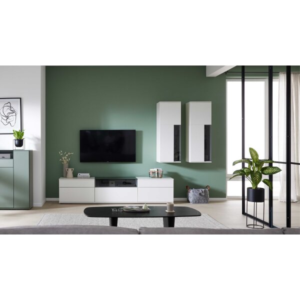 Interliving Wohnzimmer Serie 2031 - Wohnlösung Tonweiß & graues Glas - Länge ca. 270 cm