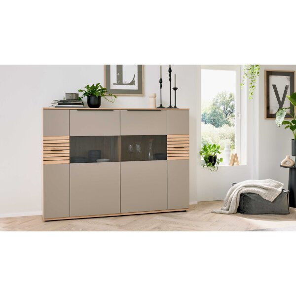 Interliving Wohnzimmer Serie 2032 - Highboard Grau & Risseiche - vier Türen, Breite ca. 180 cm