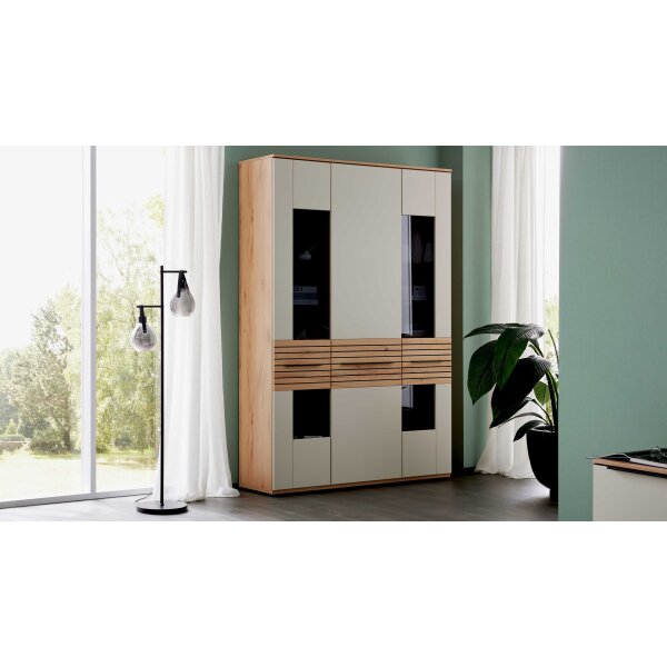 Interliving Wohnzimmer Serie 2032 - Vitrine Sandbeige & Risseiche - dreiteilig, Länge ca. 150 cm