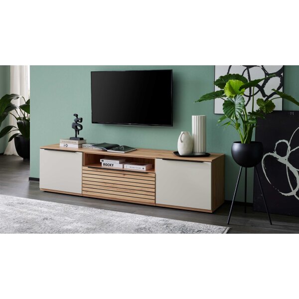 Interliving Wohnzimmer Serie 2032 - Lowboard Sandbeige & Balkenbuche - dreiteilig, Länge ca. 210 cm