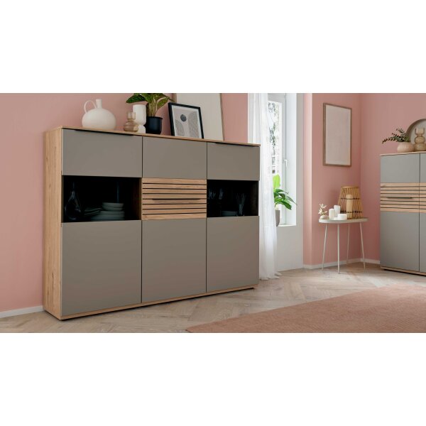 Interliving Wohnzimmer Serie 2032 - Highboard Grau & Risseiche - drei Türen, Breite ca. 180 cm