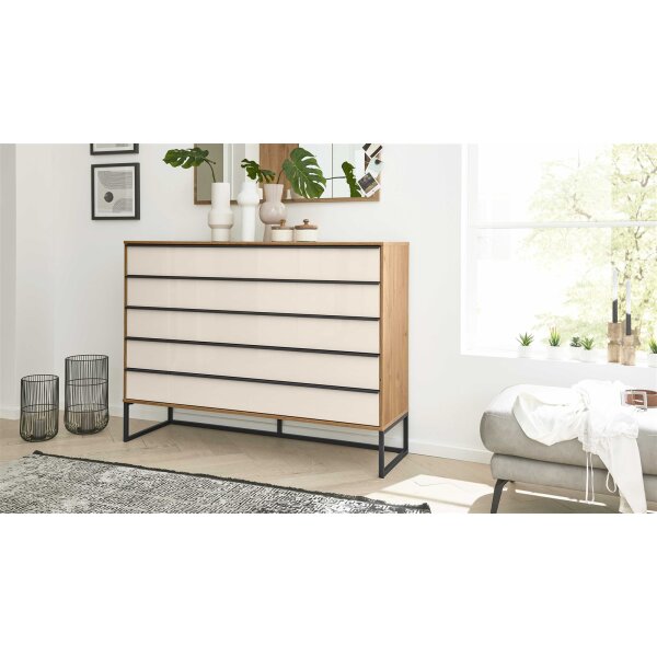 Interliving Kleiderschrank Serie 1205 – Schubladenkommode Weiß & Eiche Bianco – fünf Schubladen, Breite ca. 80 cm