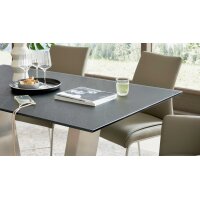 Interliving Esszimmer Serie 5122 – Essgruppe mit sechs Stühlen schwarzes Glas, fangofarbenes Kunstleder & Edelstahl
