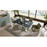 Interliving Esszimmer Serie 5122 – Essgruppe mit sechs Stühlen schwarzes Glas, fangofarbenes Kunstleder & Edelstahl