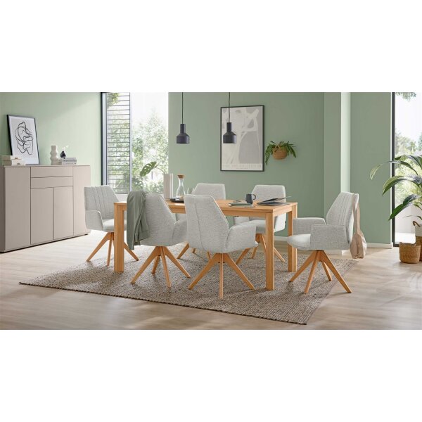 Interliving Esszimmer Serie 5102 – Essgruppe im Skandi-Style Eiche Bianco & leinenfarbener Jacquard Lodge L07 - siebenteilig