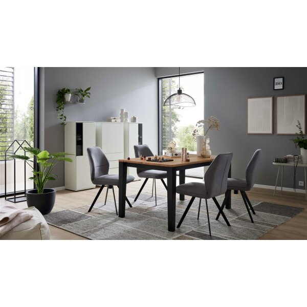Interliving Esszimmer Serie 5102 – Essgruppe mit sechs Stühlen Kernbuche, Mattschwarz & kieselfarbener Webstoff Tirol - siebenteilig
