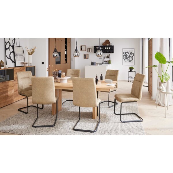 Interliving Esszimmer Serie 5604 - Essgruppe mit Schwingstühlen Eiche rustico, papyrusfarbener Bezug Hanoy & anthrazitfarbenes Metall