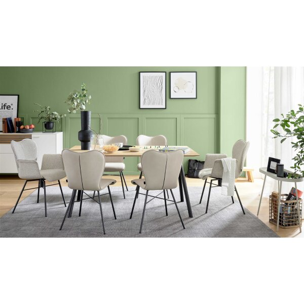 Interliving Esszimmer Serie 5115 - Essgruppe mit heller Polsterung beiger Webstoff Shout 05, mandelfarbener Bezug Gaucho 02, anthrazitfarbenes Metall & astige Eiche