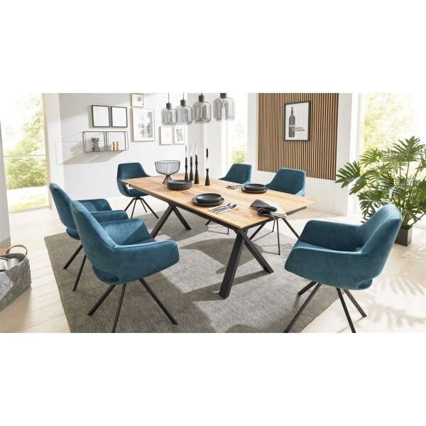Interliving Esszimmer Serie 5112 - Essgruppe im Skandi-Look petrolfarbene Mikrofaser Dubai PY, anthrazitfarbenes Metall & goldbraune Halifax Eiche