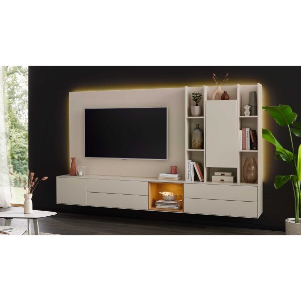 Interliving Wohnzimmer Serie 2034 - Wohnwand beiger Lack & Eiche - zweiteilig, Länge ca. 270 cm