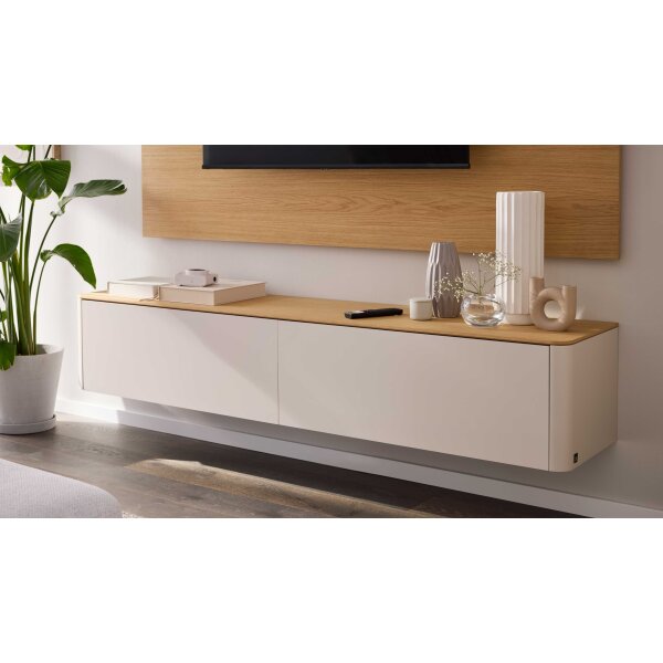 Interliving Wohnzimmer Serie 2035 - Lowboard beiger Mattlack & Eiche - eine Klapptür, eine Schublade, Länge ca. 200 cm