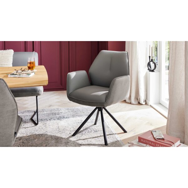 Interliving Esszimmer Serie 5116 – Armlehnstuhl mit Motion- & Drehfunktion graue Cord-Lederkombination Fo-Sh & schwarzes Gestell F37