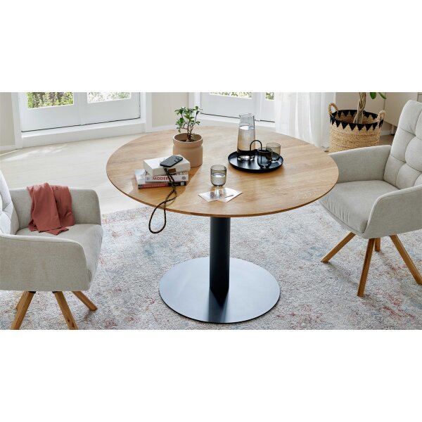 Interliving Esszimmer Serie 5116 – Esstisch Eiche natur & schwarzes Metall - Durchmesser ca. 125 cm