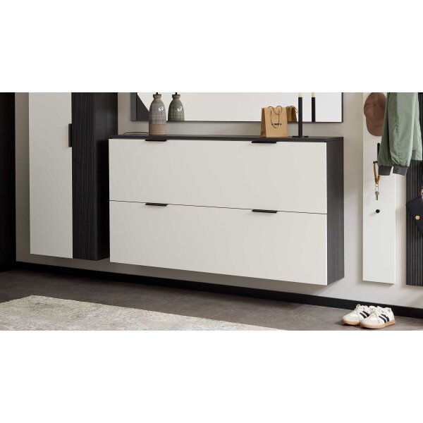 Interliving Garderobe Serie 6015 - Schuhschrank Mattweiß & Mooreiche - zwei Klappen, Breite ca. 160 cm