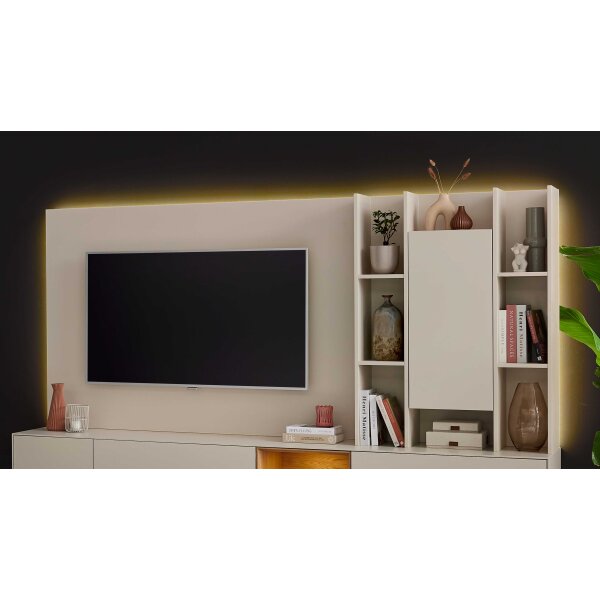 Interliving Wohnzimmer Serie 2034 - Aufsatzregal beiger Lack & Eiche - zweiteilig, Länge ca. 270 cm