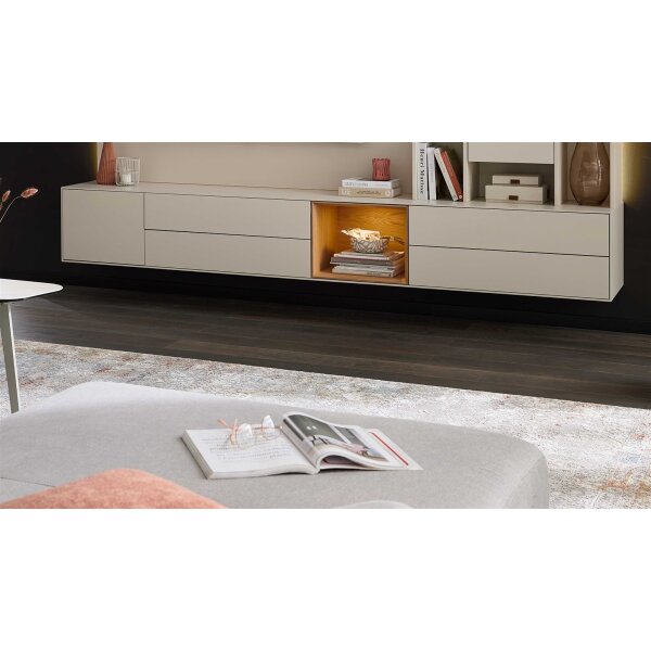 Interliving Wohnzimmer Serie 2034 - Lowboard beiger Lack & Eiche - vier Schubladen, eine Tür, Länge ca. 270 cm