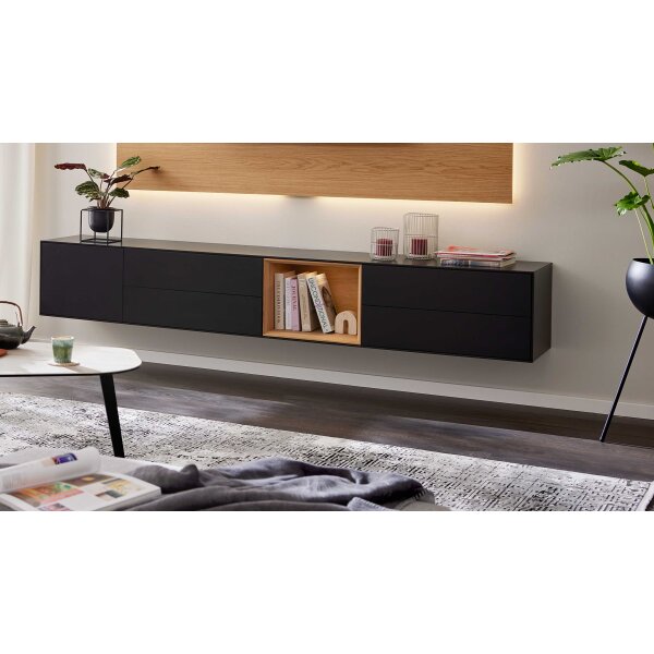 Interliving Wohnzimmer Serie 2034 - Lowboard schwarzer Lack & Eiche - vier Schubladen, eine Tür, Länge ca. 240 cm
