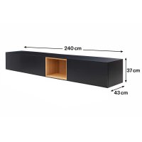 Interliving Wohnzimmer Serie 2034 - Lowboard schwarzer Lack & Eiche - vier Schubladen, eine Tür, Länge ca. 240 cm