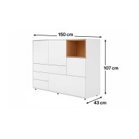 Interliving Wohnzimmer Serie 2034 - Highboard weißer Lack & Eiche - zwei Schubladen, zwei Türen, Länge ca. 150 cm
