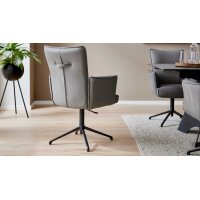 Interliving Esszimmer Serie 5123 – Armlehnstuhl mit Funktionen hellgraues Leder Fog & schwarzes Metall